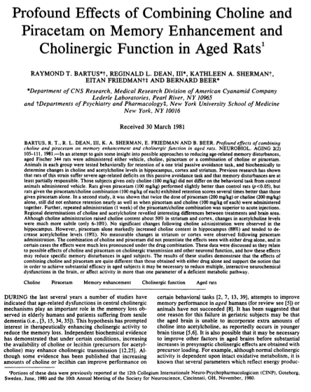 Profound Effects of Combining Choline and Piracetam on Memory Enhancement and Cholinergic Function in Aged Rats